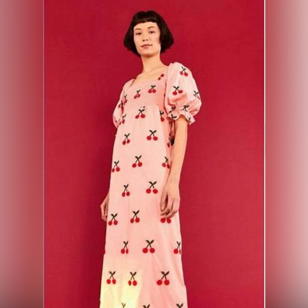 FARMRIO CHERRY CROSS STITCH MIDI DRESS